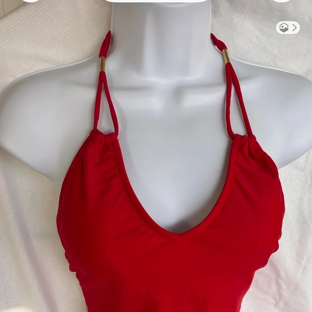 Venus One Piece Swimsuit Red w/ Gold Accents Strappy Back Sz 8 - Picture 5 of 7
